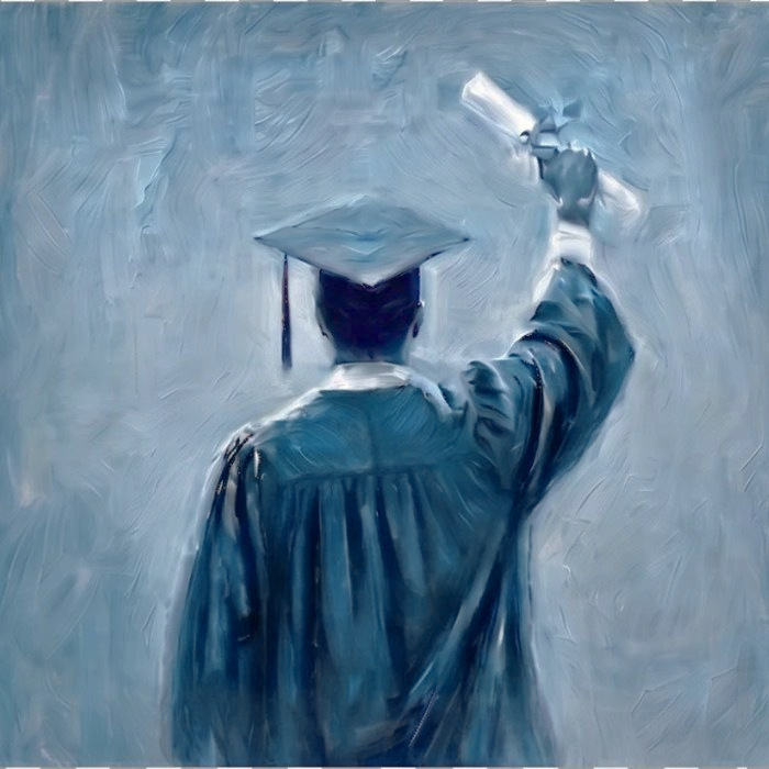 A graduate in cap and gown raising a diploma
